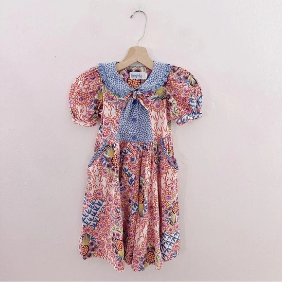 Vintage Mousefeathers Star Print Floral Ruffle Bow Kids Dress Short Sleeve - Picture 6 of 6